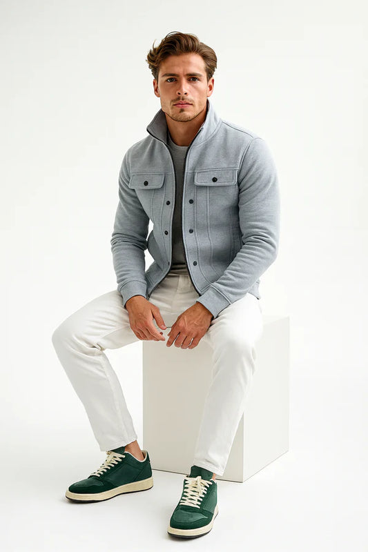 Grey Mexican Fleece Jacket for Men with Front Pocket