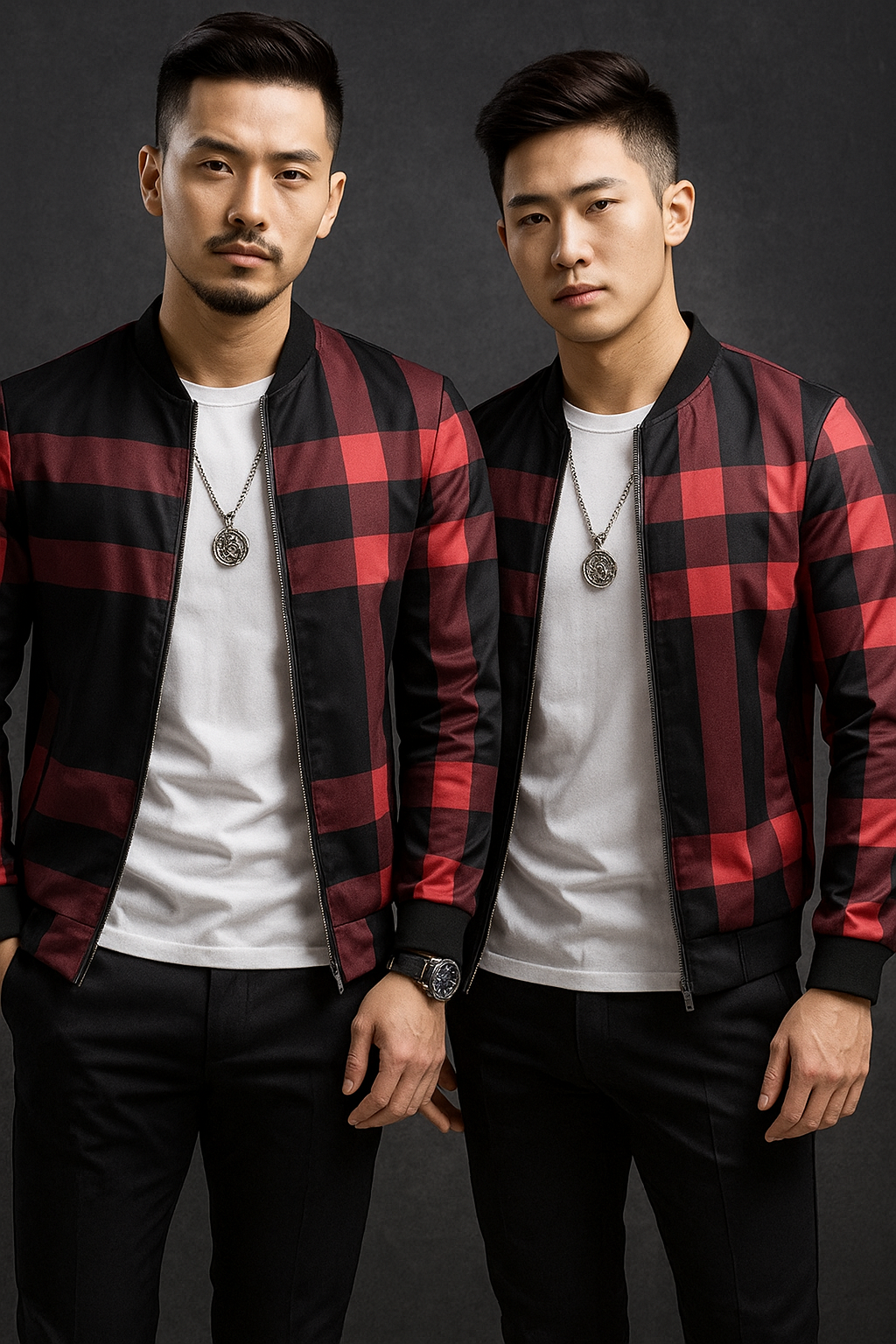 Red Checkered Printed Zipper Jacket