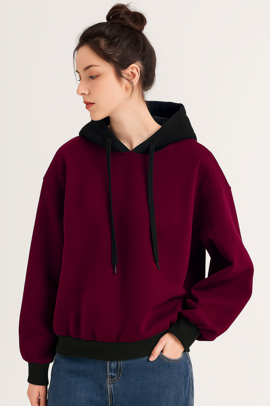 Maroon With Black Basic Kangaroo Hoodie For Women