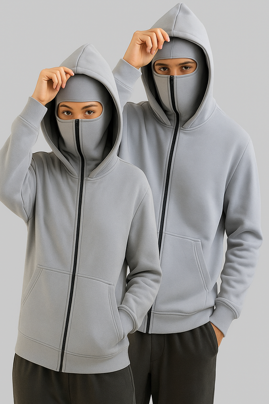 Couple Grey Balaclava Ninja Zipper Hoodie Jacket