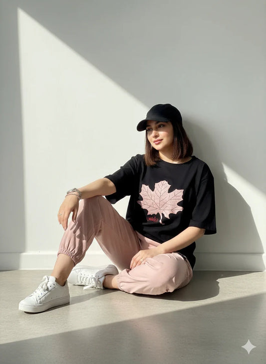 Pink Maple Leaf Printed Night Suit & Track Suit