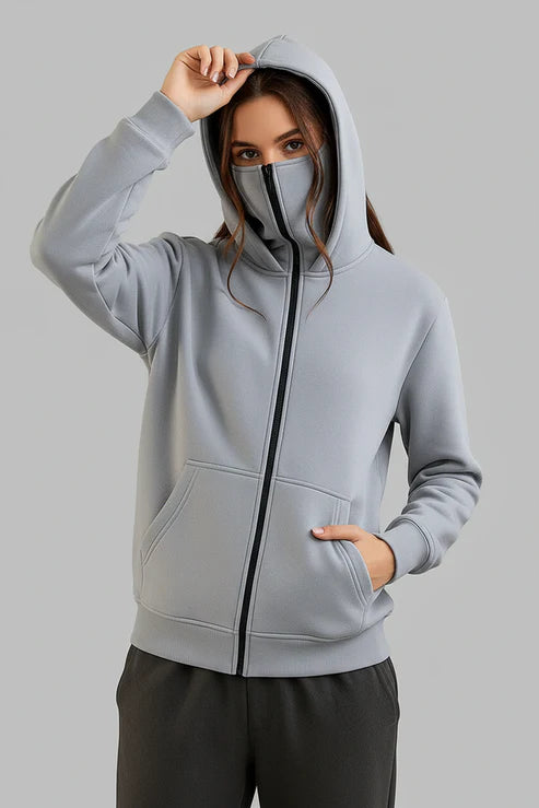 Grey Balaclava Ninja Zipper Hoodie Jacket For Women
