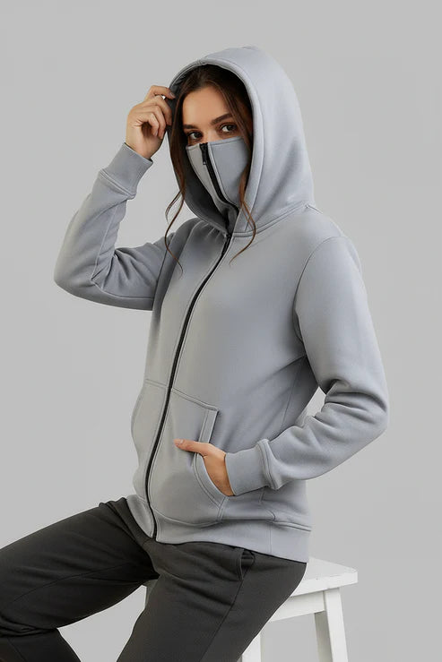 Grey Balaclava Ninja Zipper Hoodie Jacket For Women