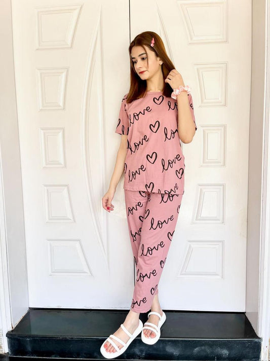 T-Pink Love Heart Printed Night Suit