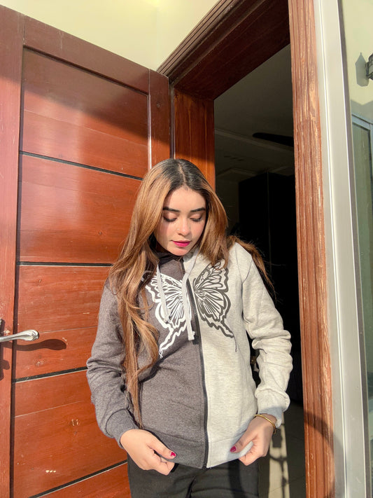 Charcoal With Grey Butterfly Zipper Hoodie