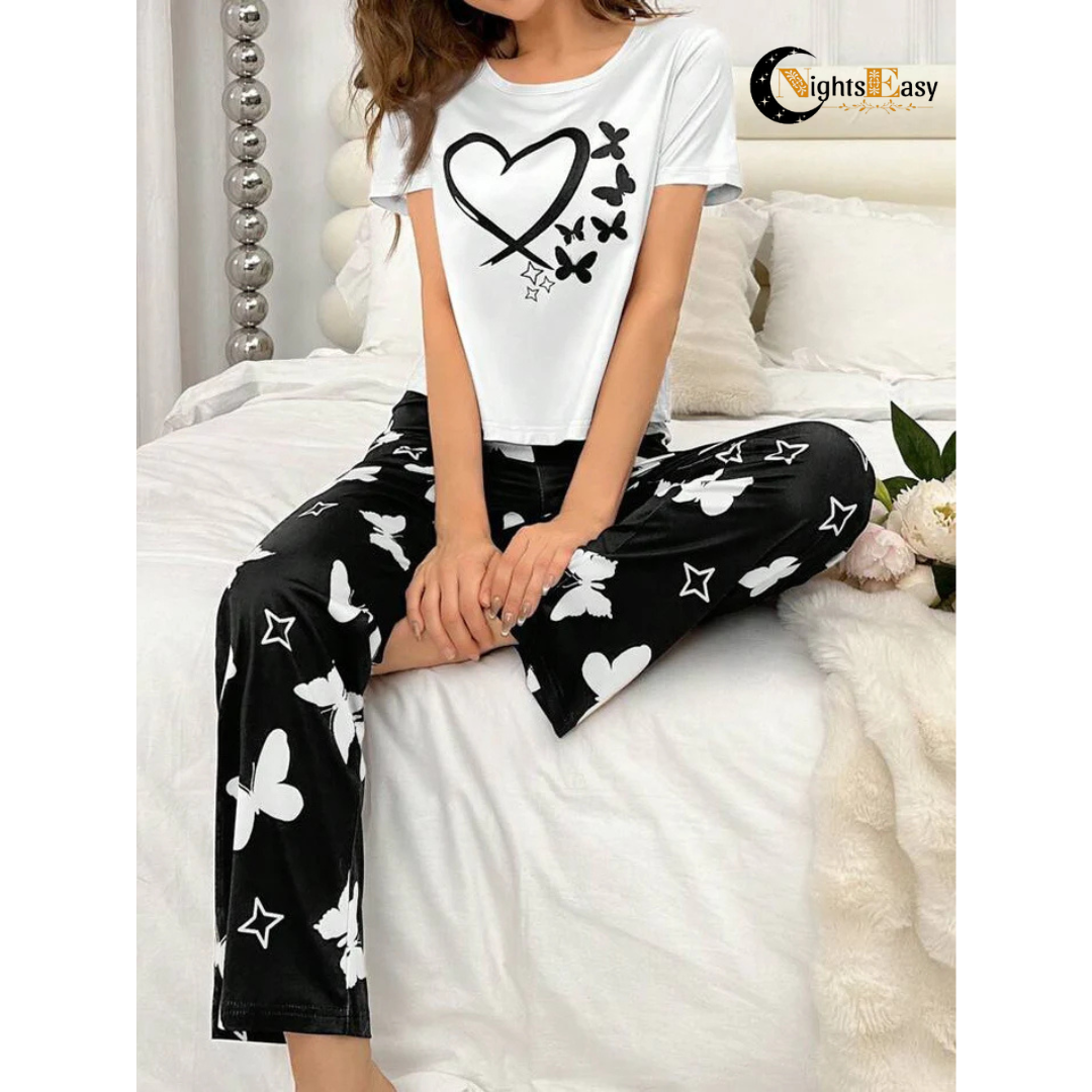 White Heart & Butterfly Printed Night Suit