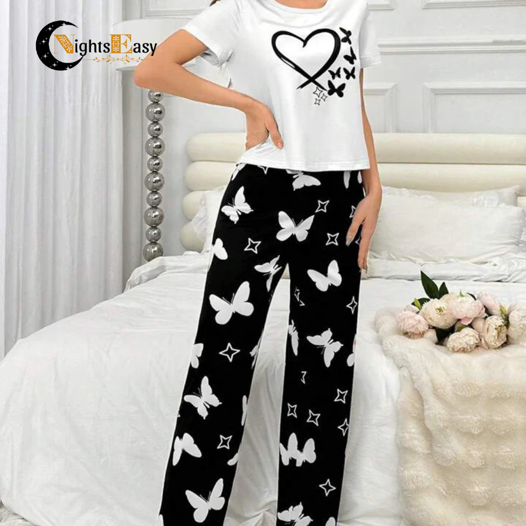 White Heart & Butterfly Printed Night Suit