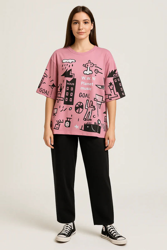 Pink Planet Music With Black Pajama Printed Night Suit