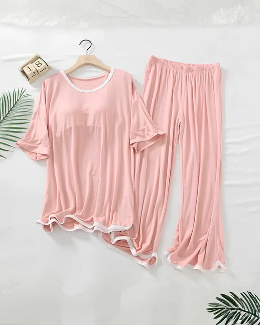 Rose Pink Half Sleeves Round Neck Plazo Night Suit