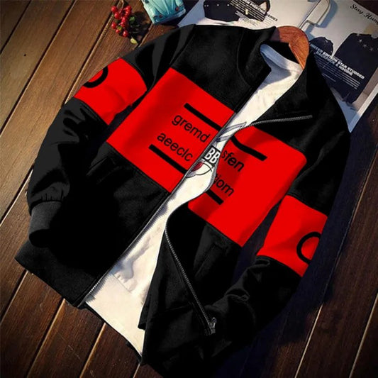 Black with Red Colourblock Printed Zipper Jacket