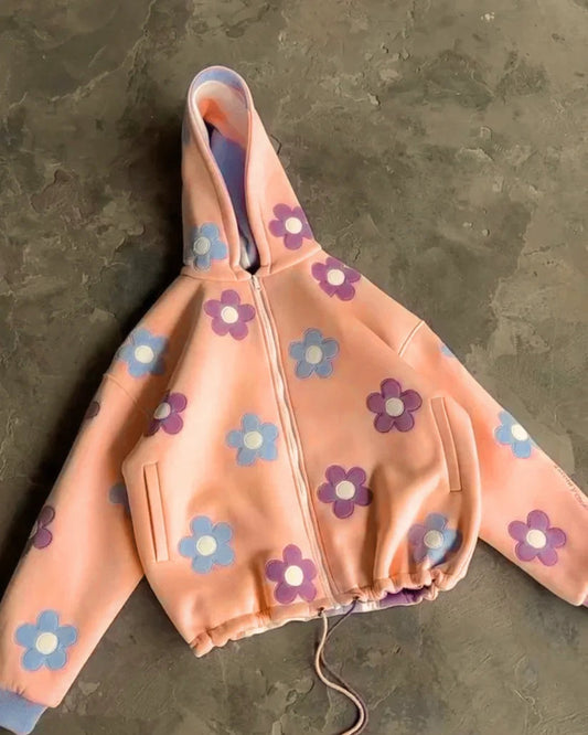 3D Floral Printed Zipper Hoodie For Women