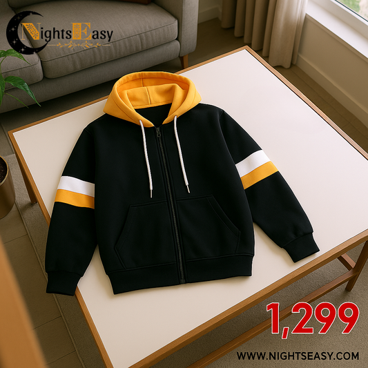 Black with Yellow and White Stripes Zipper Hoodie