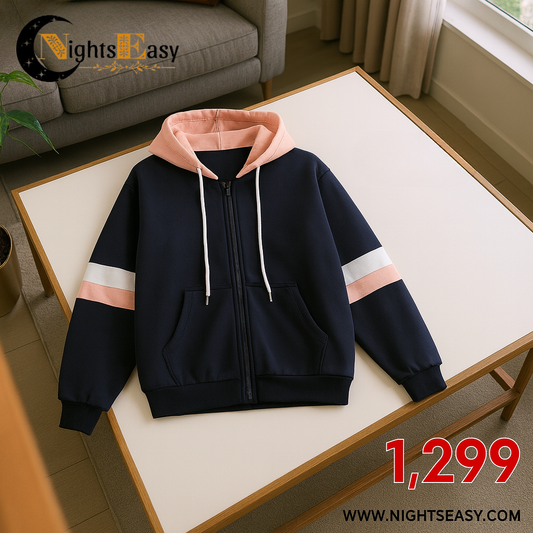 Navy Blue with Pink and White Stripes Zipper Hoodie