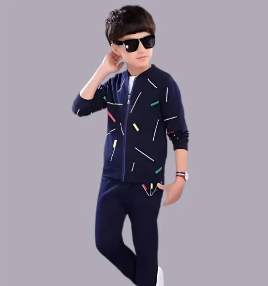 Kids Blue Printed Zipper Jacket With Trouser (2 Piece)