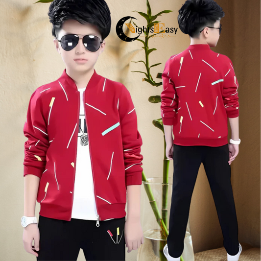 Kids Red Printed Zipper Jacket With Trouser (2 Piece)