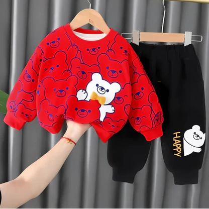Red Bears Print Sweatshirt With Trouser For Kids (2 Piece)