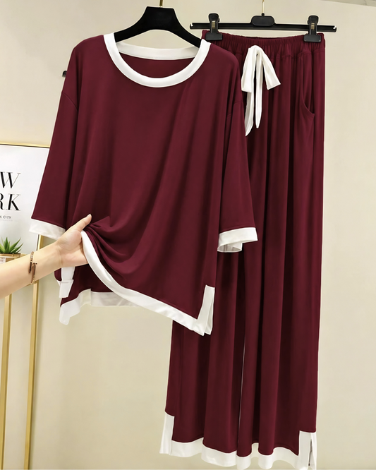 Maroon White Round Neck Plazo Night Suit