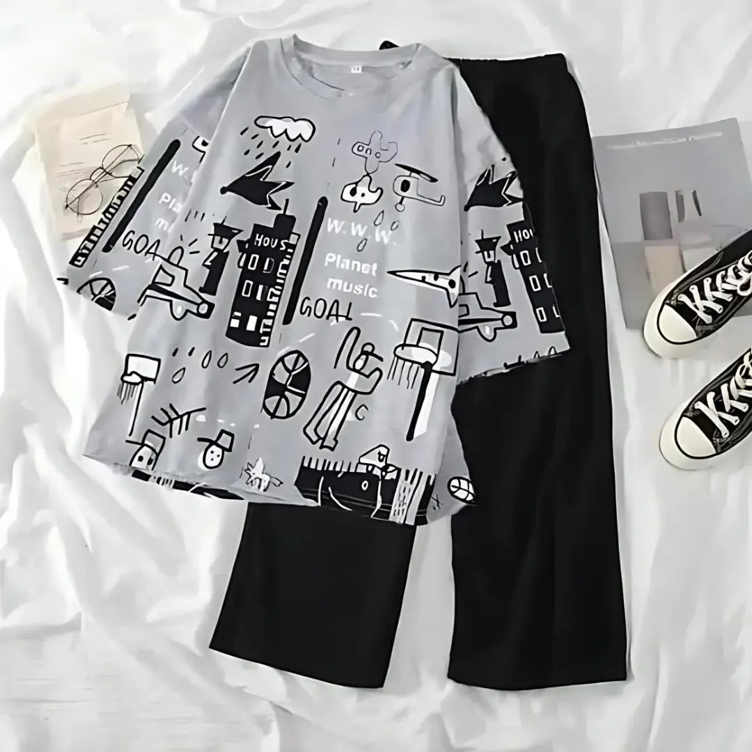 Grey Planet Music With Black Pajama Printed Night Suit