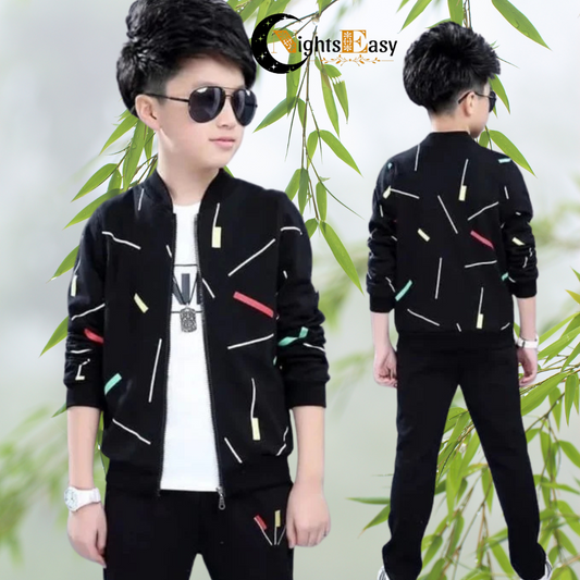 Kids Black Printed Zipper Jacket With Trouser (2 Piece)