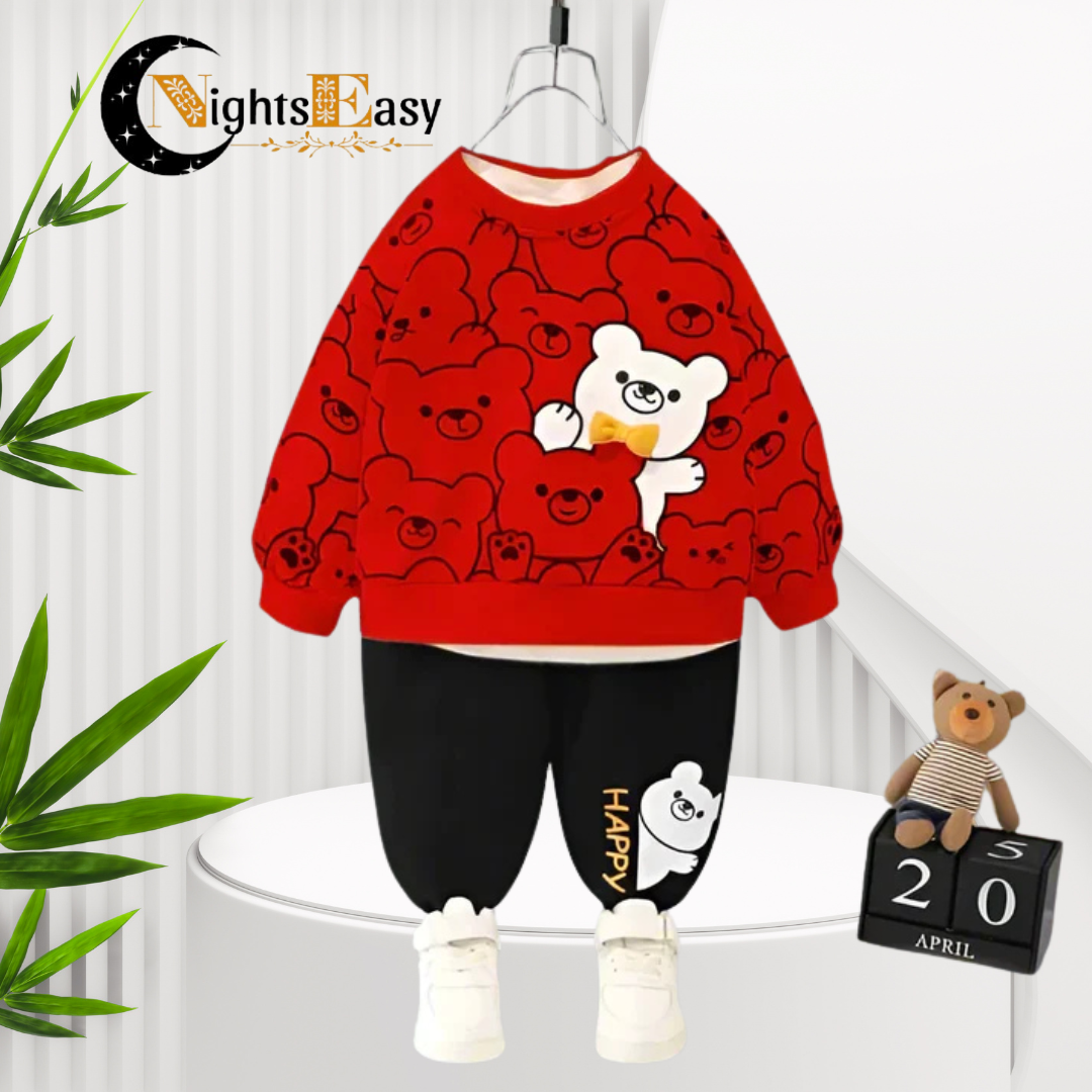 Red Bears Print Sweatshirt With Trouser For Kids (2 Piece)