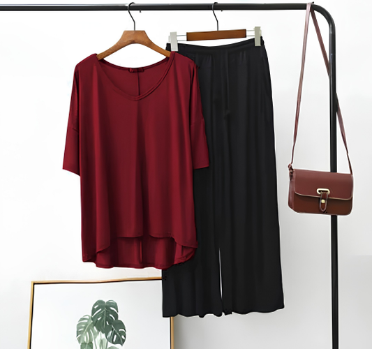 Maroon With Black V-Neck Plazo Night Suit
