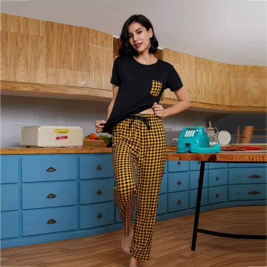 Yellow and Black Check Pocket Printed  Night Suit