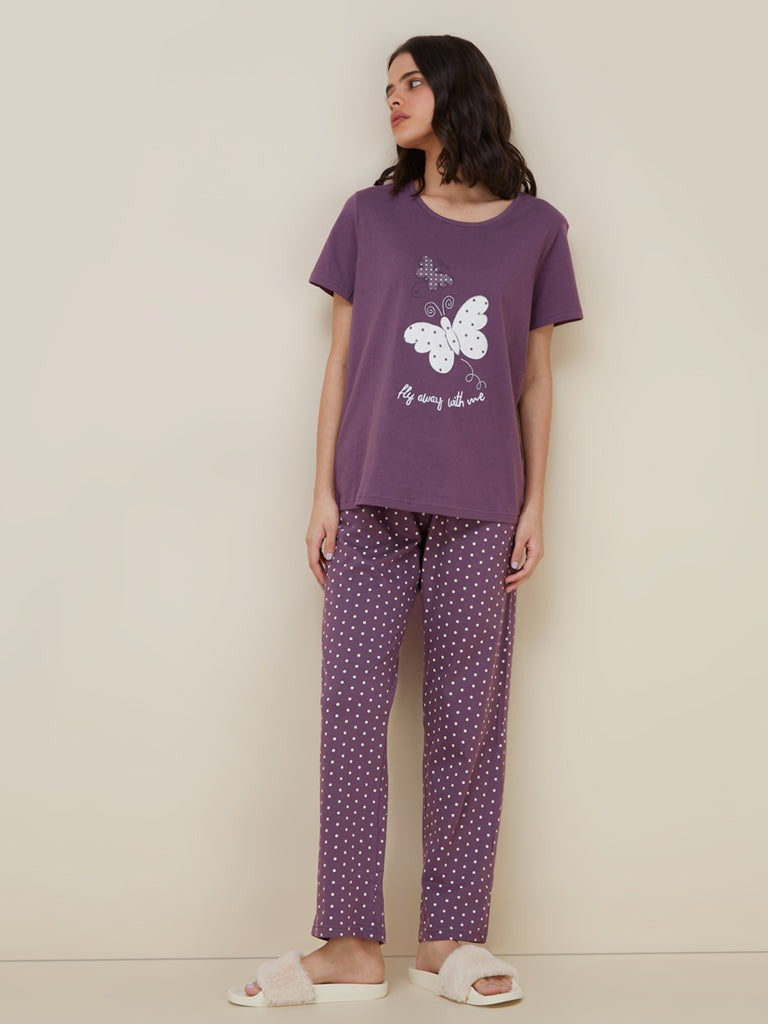 Purple Butterfly Printed  Night Suit