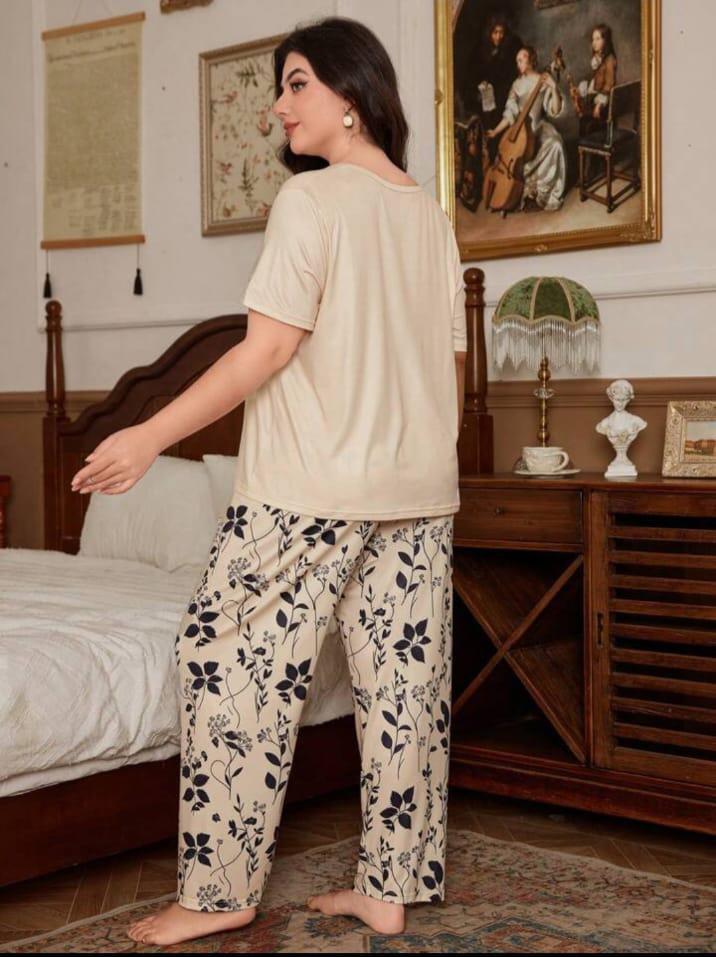 Cream Leaves Printed Night Suit