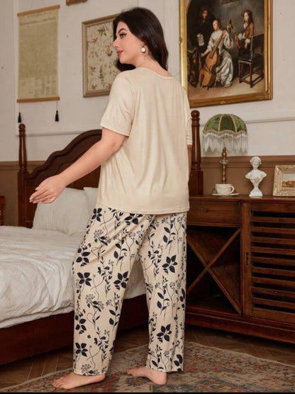 Cream Leaves Printed Night Suit