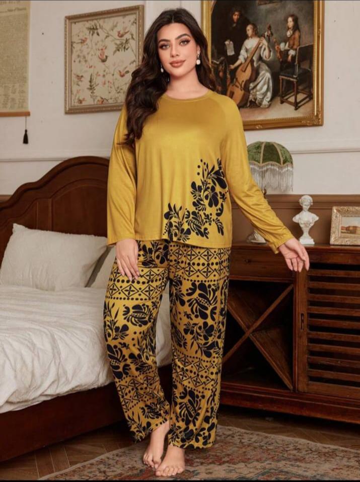 Golden Leaves Printed Night Suit