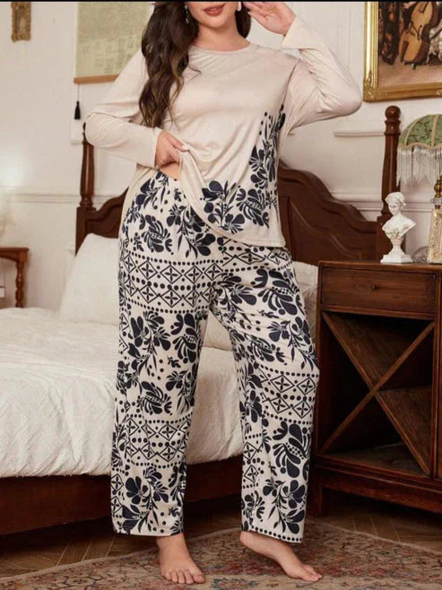 White Leaves Printed Night Suit