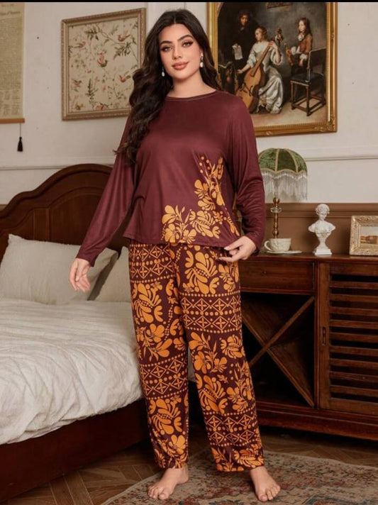 Maroon Leaves Printed Night Suit