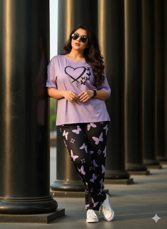 Purple Heart & Butterfly Printed Night Suit