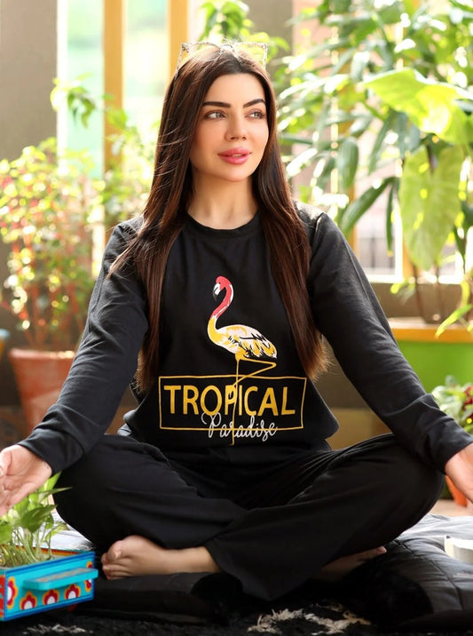 Black Tropical Paradise Night Suit