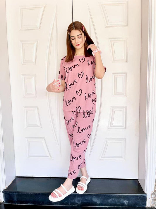 T-Pink Love Heart Printed Night Suit