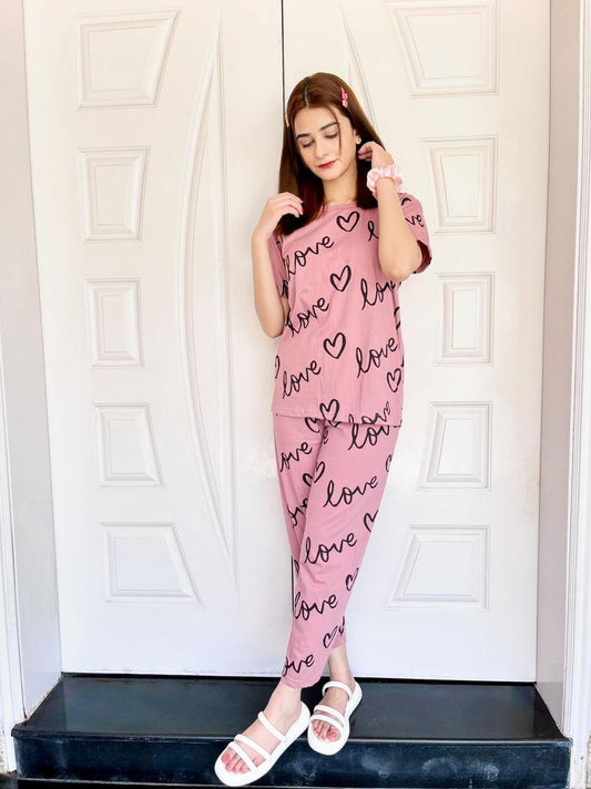 T-Pink Love Heart Printed Night Suit