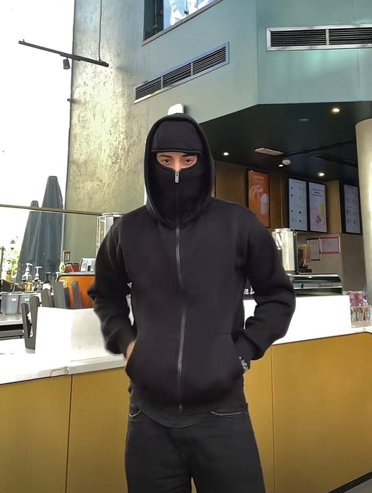 Couple Black Balaclava Ninja Zipper Hoodie Jacket
