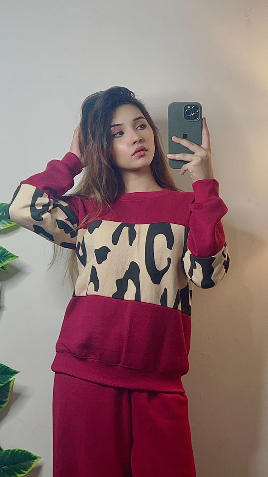 Maroon Wild Printed Fleece Co-ord Set