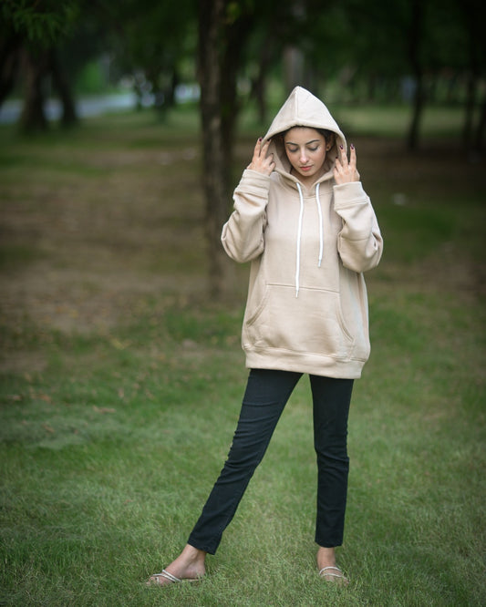 Beige Basic Kangaroo Hoodie for Women