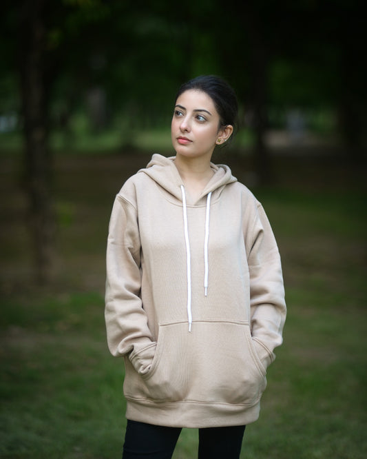 Beige Basic Kangaroo Hoodie for Women