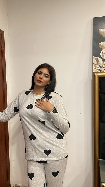 Grey Black Multi Heart Printed Night Suit