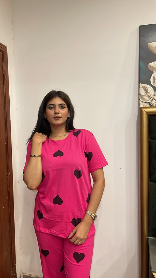 Black Multi Hearts Pink Printed  Night Suit
