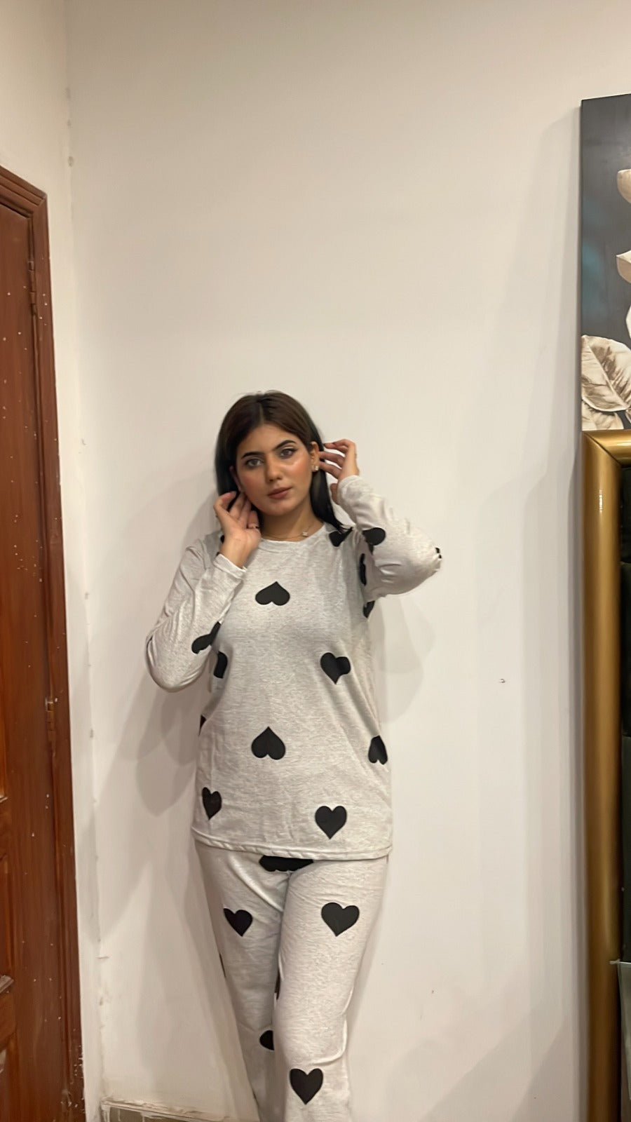 Grey Black Multi Heart Printed Night Suit