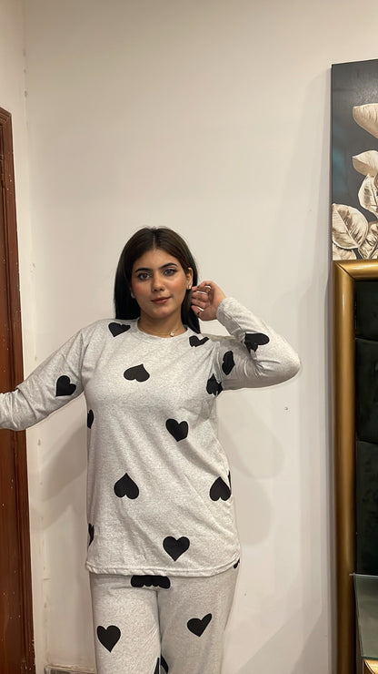 Grey Black Multi Heart Printed Night Suit