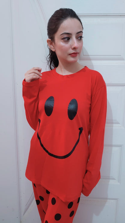 Red Smiley Full Sleeves Printed Pajama Night Suit