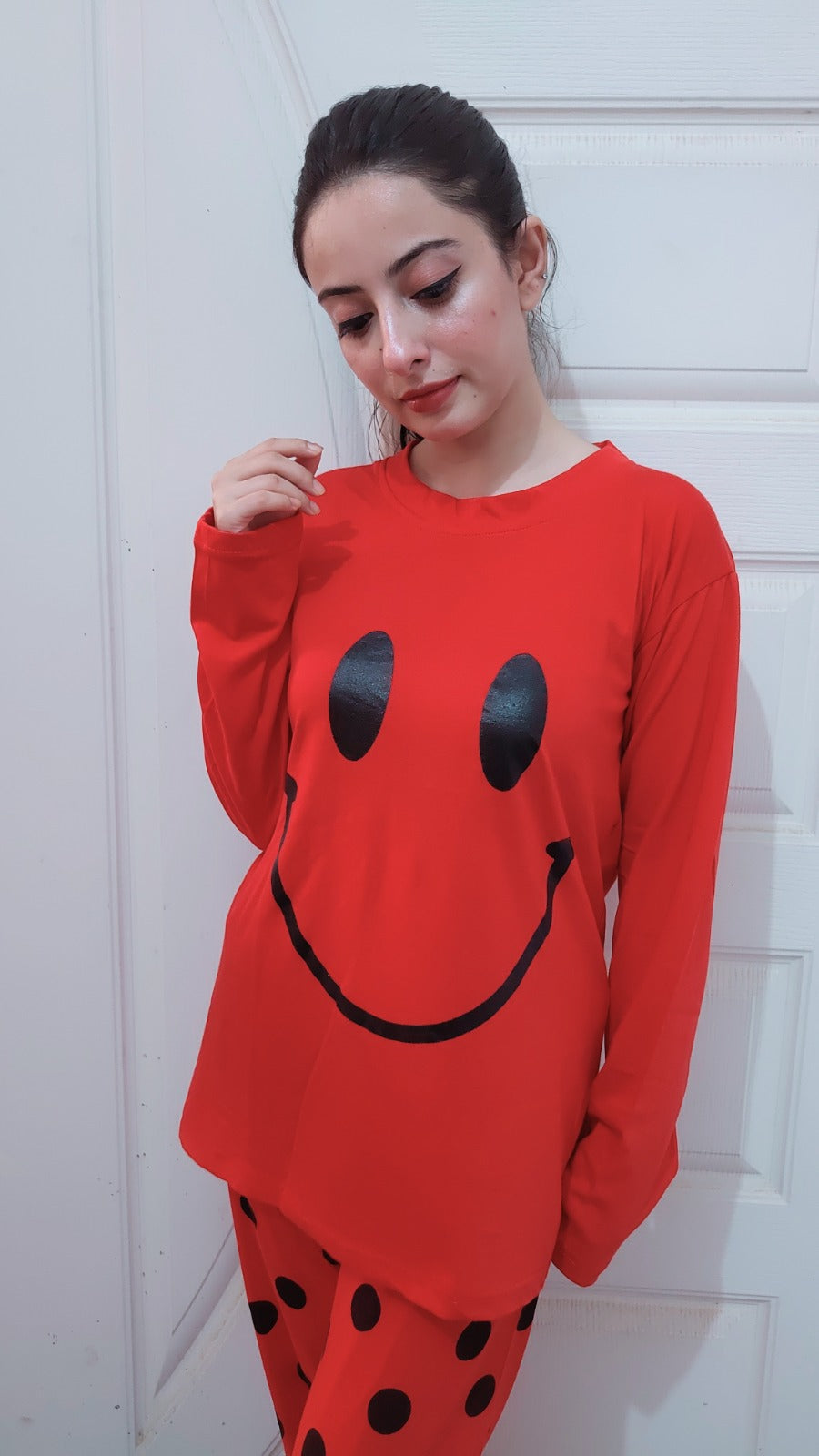 Red Smiley Full Sleeves Printed Pajama Night Suit