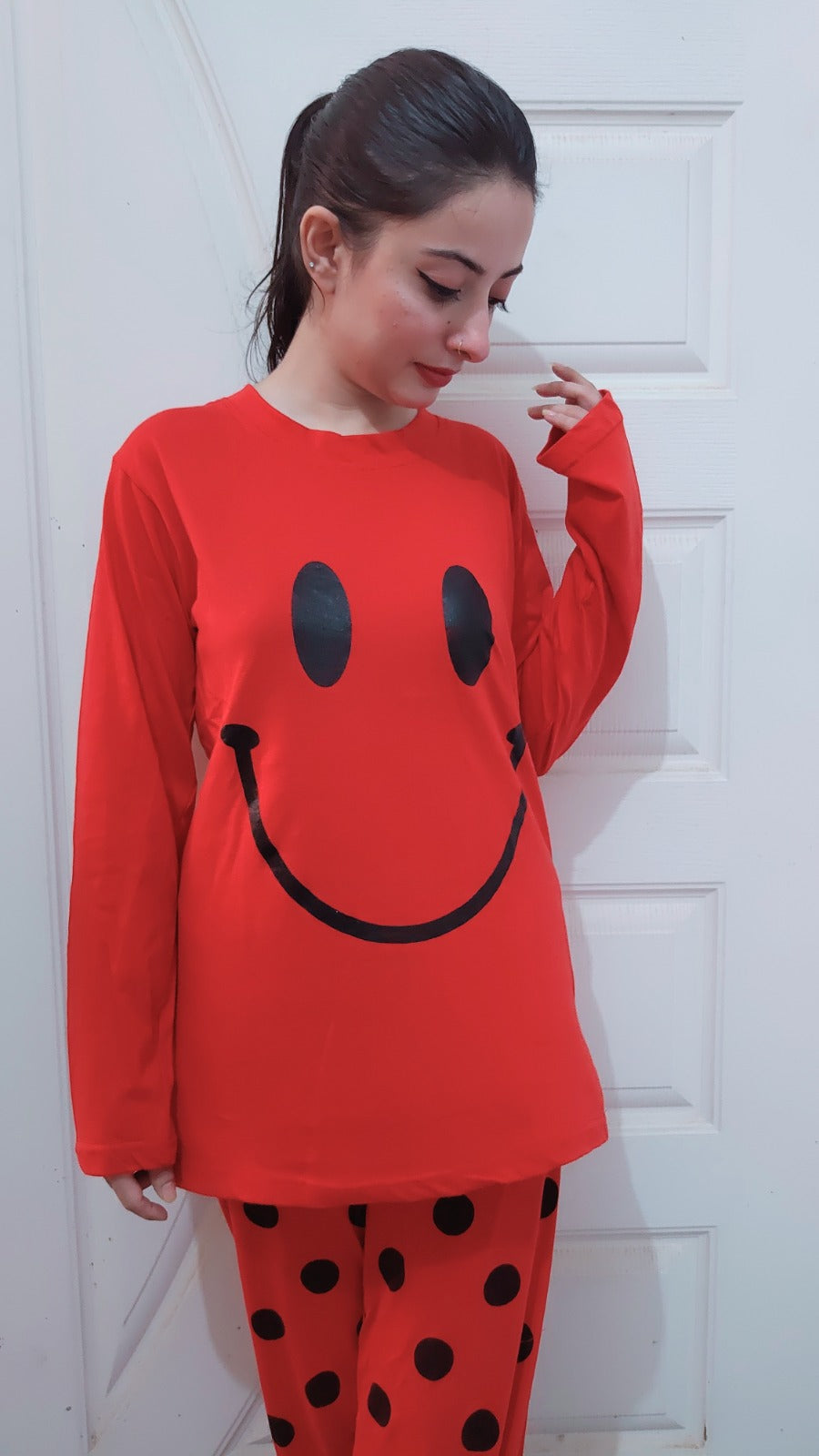 Red Smiley Full Sleeves Printed Pajama Night Suit