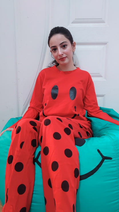 Red Smiley Full Sleeves Printed Pajama Night Suit