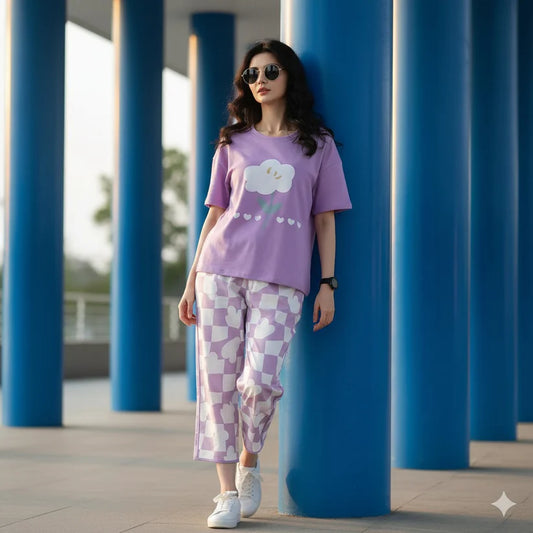 Purple Flower Printed Night Suit