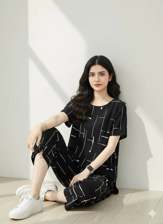 Black Printed Capri Night Suit